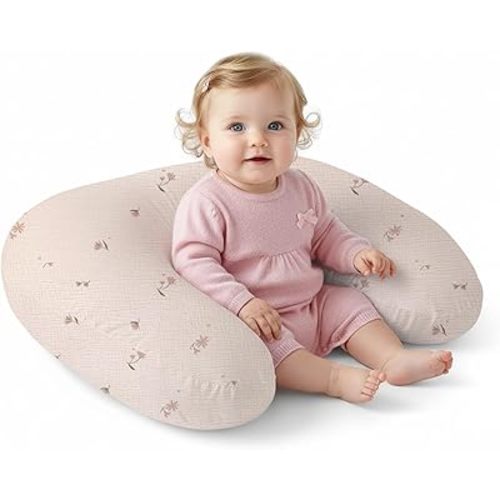 Little Grape Land Muslin Nursing Pillow, Soft 100% Cotton Breastfeeding Pillow with Breathable Cotton Removable Cover, Fog Flower Breast Feeding Pillows for Babies 0-12 Months with Protective Zipper