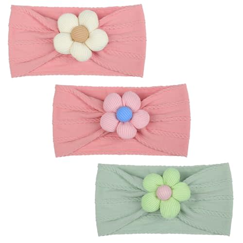 MIUXUESO 3 Pcs Baby Flower Headbands Baby Girls Nylon Headbands Soft Hairbands Hair Accessories for Newborn Infant Toddler Kids (Rose Pink‌ Green)