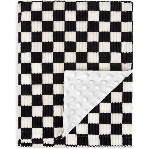 Baby Blanket for Boys Comfy Durable Corduroy Toddler Blanket with Double Layer Dotted Backing Checkerboard Grid Chessboard Gingham Warmer Bed Blankets for Newborn Infants Black, 30x40 Inches
