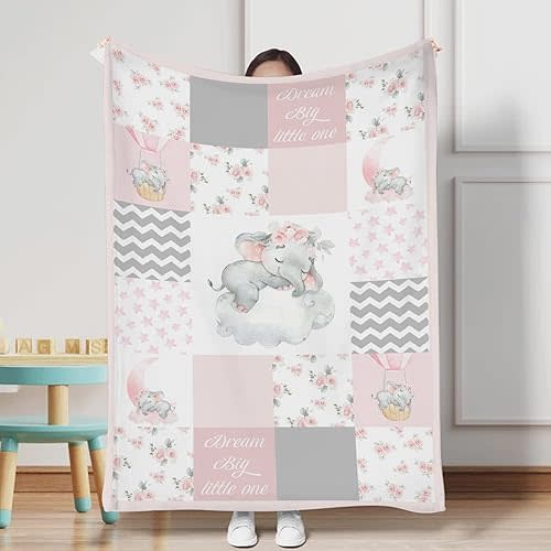 HawSkgFub Sleeping Elephant Flower Baby Blanket Girls Gift Pink Gray, Dream Big Little One Patchwork Flannel Fleece Nursery Bed Blankets, Soft Lightweight Newborn Infant Toddler Crib Bedding 30 x 40