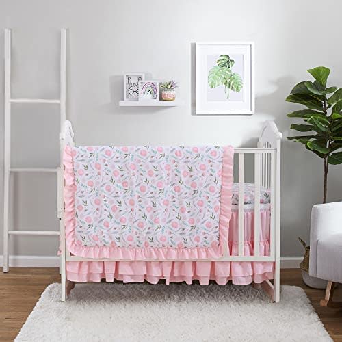 Cokouchyi Handmade Watercolor Floral Baby Girl Crib Bedding Set, 3 Piece Standard Size Crib Sets for Girls, Luxury Baby Crib Bedding Sets , Comforter, Crib Sheet & Crib Skirt, Blush Pink