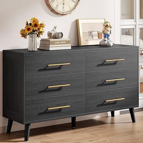 Aiho 6 Drawer Dresser for Bedroom, Chest of Drawers with Metal Handles, Wood Storage Dresser Modern Dresser for Nursery, Living Room, Entryway, Black Dresser