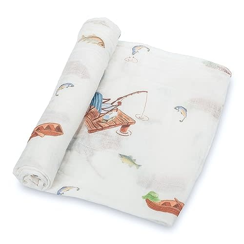 LollyBanks Baby Blanket, 100% Cotton Muslin Swaddle Blankets for Boys, Large 47 x 47 Inches Newborn Blanket, Soft and Breathable Receiving Blankets, Baby Essentials, Registry (Fishing Print)