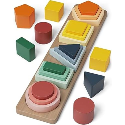 GOPO TOYS Montessori Toys for 18+ Months Old - Toddlers Wooden Sorting and Stacking Toys for Baby Boys and Girls - Shape Sorter and Color Stacker Preschool Kids Wood Gifts