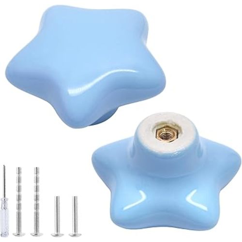 2pcs Ceramic Cabinet Knobs Blue Drawer Knobs, Star Shaped Dresser Knobs Cute Kitchen Cabinet Pull Handles, Small Vanity Knobs Hardware Closet Cupboard Knobs for Kids Girls Children's Bedroom