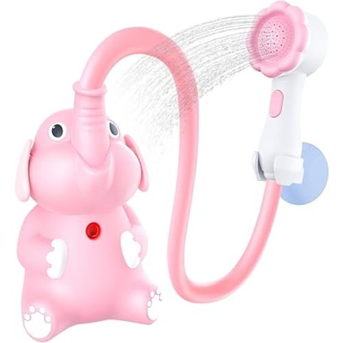 Baby Bath Shower Head for Kids Ages 1-3 Essentials, EDCREATY Rechargeable Cute Elephant Sprays Bathtub Toys with Rubber Hose Spout for 0 6 12 18 Months Babies Toddlers Infants Boys and Girls(Pink)