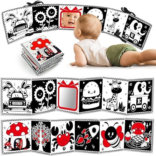 Black and White High Contrast Baby Toys 0-6 6-12 Months Soft Sensory Crinkle Book for Newborn Essentials Brain Development Tummy Time Toys Infant 0-3 3-6 Month Montessori