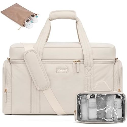 LOVEVOOK Travel Duffle Bag, Puffer Weekender Bag for Women, Overnight Bag with Toiletry Bag, Carry On Bags for Airplanes, Hospital Bag for Labor Delivery, Yoga Gym Bag with Wet Pocket, 3Pcs, Beige
