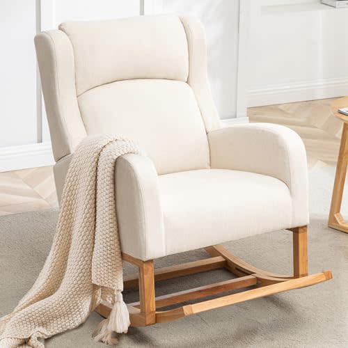 HCHAIRH Rocking Chair Nursery, Nursing Rocking Chairs for Mom Nursery, Comfy Wingback Glider Rocking Armchair with Foot Rest and Side Pocket for Nursery Living Room Bedroom, Beige