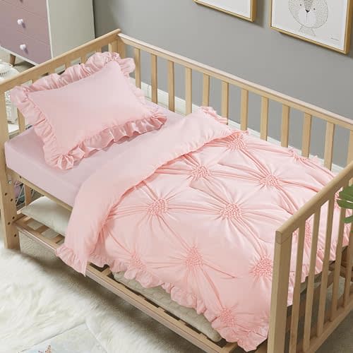 HOMBYS 3 Pieces Princess Pink CribBedding Set for Baby Girls, Ultra Soft Blush Pinch Pleat Comforter Set with Ruffles for All Season