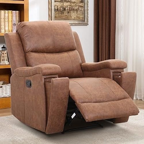 CANMOV Leather Recliner Chair, Classic and Traditional Manual Recliner Chair with Overstuffed Arms and Back, Manual Single Sofa with Concealed Cup Holders, Brown
