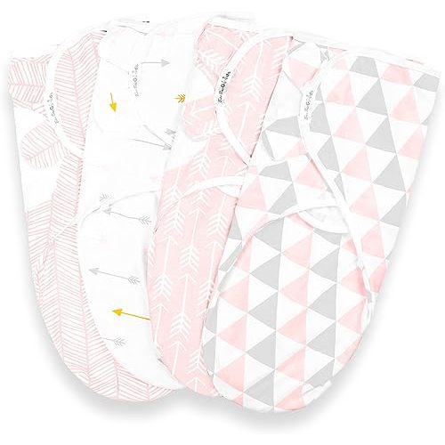 BaeBae Goods Swaddle Blanket, Adjustable Infant Baby Swaddling Wrap Set of 4, Baby Swaddling Wrap Blankets for Boys and Girls Made in Soft Cotton (Pink/Grey Triangles, 3-6 Months)