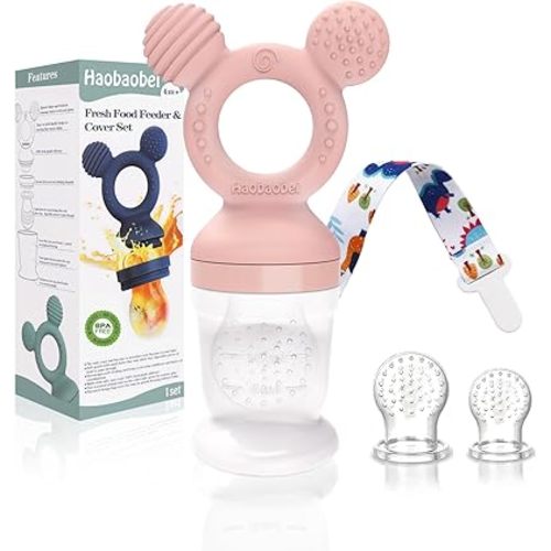 Baby Fruit Feeder, Frozen Teething Toys for Babies, Baby Teether Pacifier with 3 Extra Teats, Baby Eating Essentials, BPA Free Baby Feeding Supplies (Pink)