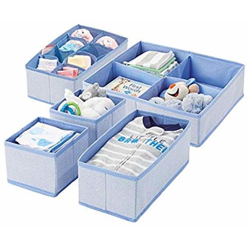 mDesign Soft Fabric Dresser Drawer and Closet Storage Organizer Set for Child/Baby Room or Nursery - Large Set of 5 Organizers, Textured Print - Blue Herringbone