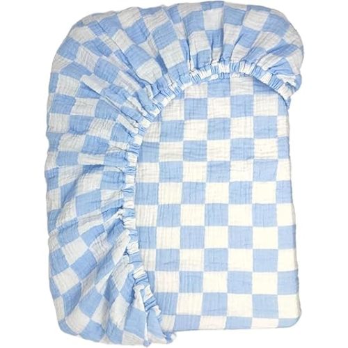 Bolton Baby Co. Fitted Muslin Checkered Crib Sheets Breathable Cotton Crib Sheet for Baby Girl or Boy, Standard Fit for Crib Mattress or Toddler Bed 28"x52" (Sky)