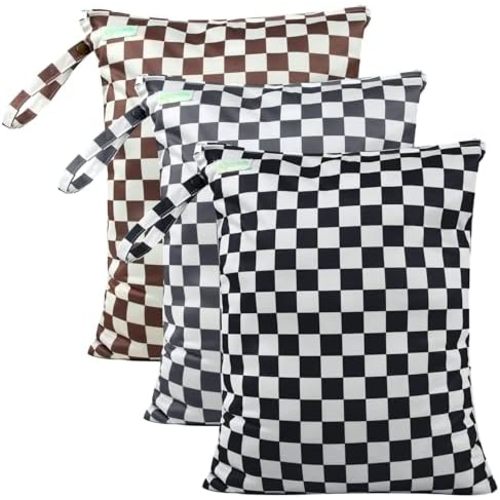 wegreeco Wet Dry Bag for Baby Swimsuit, Small Wet Dry Bag for Clothes Diaper and Breast Pump Parts, Large Baby bag for Travel,Gym Clothes,Beach,Pool,Extra Clothes (Checkerboard,3 Pack)