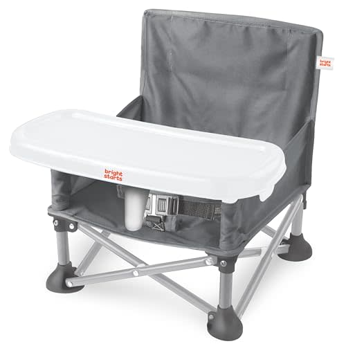 Bright Starts Pop 'N Sit Portable Booster, Indoor/Outdoor Use, Floor Seat with Feeding Tray, Grey, 6 Mos - 3 Yrs