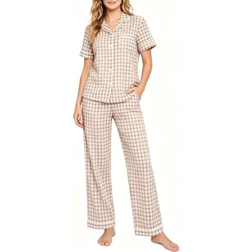 SWOMOG Women 100% Cotton Pajamas Set 2PCS Button-Down Sleepwear Tops and Pants with Pocket Summer Loungewear S-XXL
