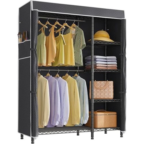 VIPEK V7C Basic Garment Rack with Cover Portable Closets for Hanging Clothes, Heavy Duty Clothes Rack with Shelves Metal Closet Wardrobe, Max 670lbs, Black Rack with Black Upgraded Polyester Cover