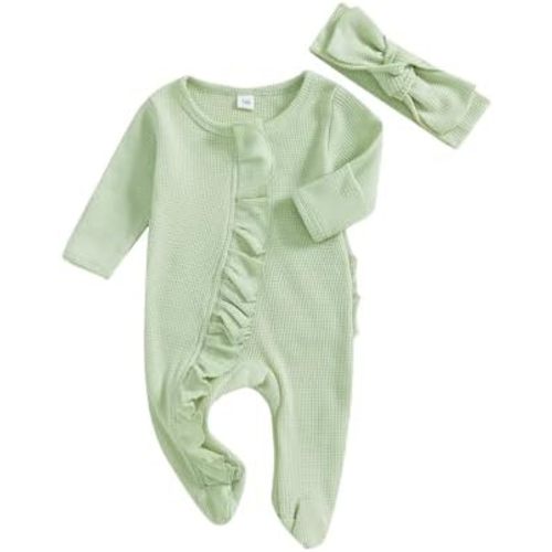 Newborn Baby Romper Infant Girl One-piece Outfit Waffle Ruffle Zip Footie Spring Summer Clothes With Bow Headband