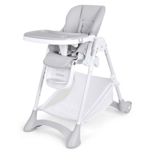 Babyjoy Convertible Folding Adjustable High Chair with Wheel Tray Storage Basket Grey/Beige/Black, Color: Grey