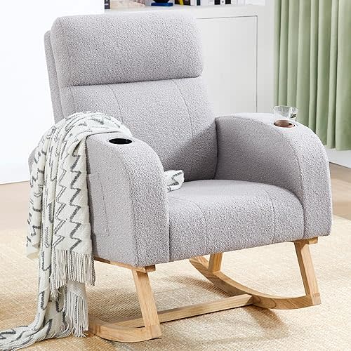Rocking Chair Nursery, Modern Nursing Glider Rocking Chairs Comfy Rocker Armchair with Solid Wood Legs for Nursery Living Room, Bedroom (Grey (with Cup Holder))
