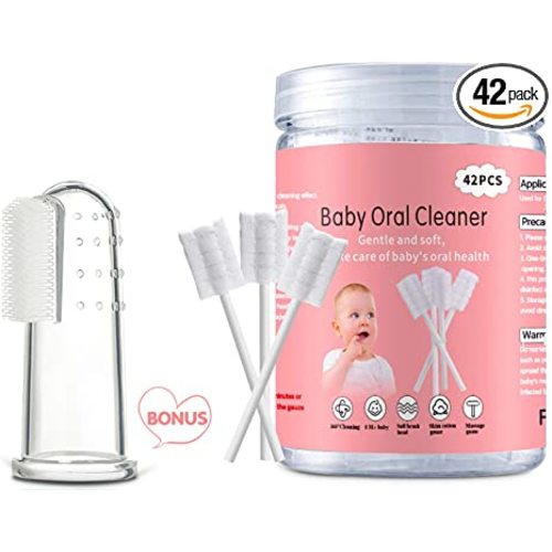 Baby Tongue Cleaner, Baby Toothbrush, 42Pcs Disposable Infant Toothbrush Clean Baby Mouth,Gauze Gum Cleaner Toothbrush Baby Oral Cleaning Stick Dental Care for 0-36 Month Baby+Free 1 Finger Toothbrush