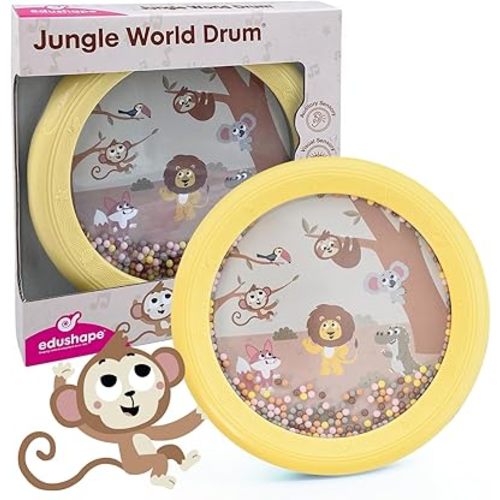 Edushape Jungle World Drum for Baby - Set of 1 Baby Drum Toy for Toddlers 1-3 - Small Drums Musical Toy for Babies 1 Year Old and Up, Soothing Sounds, Fun Tummy Time and Sensory Development