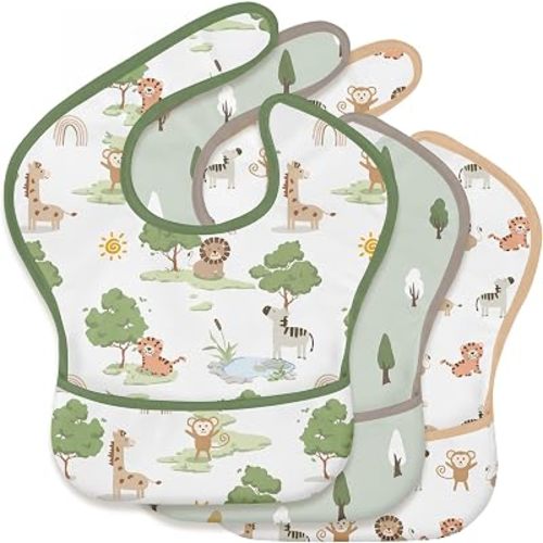 3-Pack Baby Feeding Bibs | Waterproof Stain-Resistant 3D Food Catcher, Soft Lightweight Design for Baby-Led Weaning, Infants & Toddlers 3-24 Months Jungle Animals