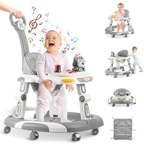 Baby Walkers, 5-in-1 Height Adjustable Baby Walker with Wheels, Foldable Walker for Baby and Baby Activity Center with Music &Toys Tray, Infant Toddler Baby Walker for Boys and Girls 6-24 Months(Grey)
