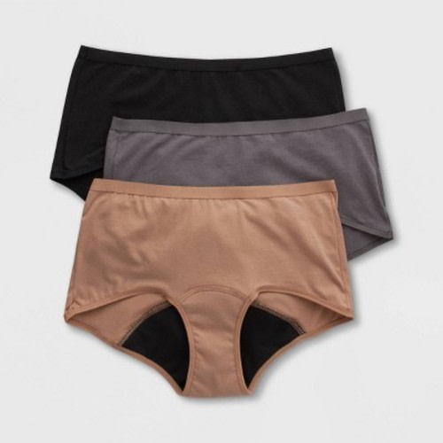 Hanes Women's 3pk Comfort Period and Postpartum Moderate Leak Protection Boy Shorts - Black/Gray/Brown, Size: 6