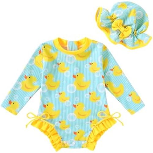 Infant Baby Swimsuit Girl Long Sleeve UPF 50+ Sun Protection One-Piece Rash Guard with Hat Zipper Bathing Suit