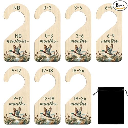 R HORSE Wooden Baby Closet Dividers - 8Pcs Mallard Duck Baby Closet Organizer Double-Sided Newborn Clothes Size Hanger Dividers Nursery Decor Birthday Gift for Boy Girl (0-24 Months)