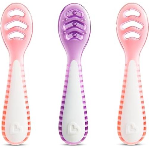 Munchkin® Gentle Dip™ Multistage First Spoon Set for Baby Led Weaning, Self Feeding, Solids & Purees, 3 Pack, Coral/Purple