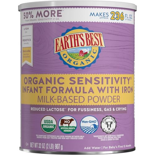 Earth's Best Organic Sensitive Baby Formula for Babies 0-12 Months, Reduced Lactose Powdered Infant Formula with Iron, Omega-3 DHA, and Omega-6 ARA, 32 oz Formula Container
