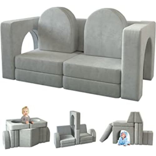 wanan Kids Couch 10PCS, Toddler Couch with Modular Kids Couch for Playroom Bedroom, 10 in 1 Multifunctional Toddler Couch for Playing, Creativing, Sleeping, Indoor Kids Sofa Couch(Grey)