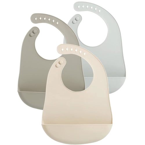 PandaEar 3 Pack Waterproof Silicone Baby Bibs| Super Thin Light Weight for Babies & Toddlers| Adjustable Soft Silicone Feeding Bibs with Food Catcher Pocket, Unisex, Non Messy