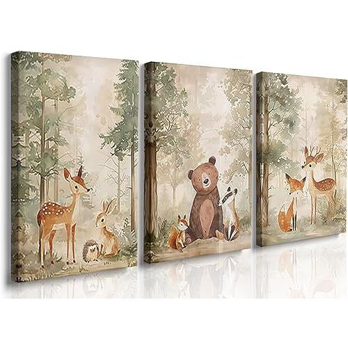 GUBIYU 3-Pack 12"X16" Watercolor Woodland Forest Wild Animals Wall Art - Deer, Fox, Bear - Boho Rustic Nature Themed Nursery Wall Decor