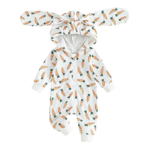 Baby Girl Boy Easter Outfit Long Sleeve Zipper Hooded Romper Bodysuit Rabbit Ear Jumpsuit Cute Newborn Bunny Clothes(Easter Carrot-White,0-3 Months)