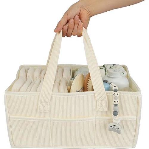 Baby Diaper Caddy Organizer Large Nursery Storage Bin and Car Organizer for Diapers and Baby Wipes Baby Basket for Baby Shower Gifts Newborn Essentials Baby Registry Must-Have Beige