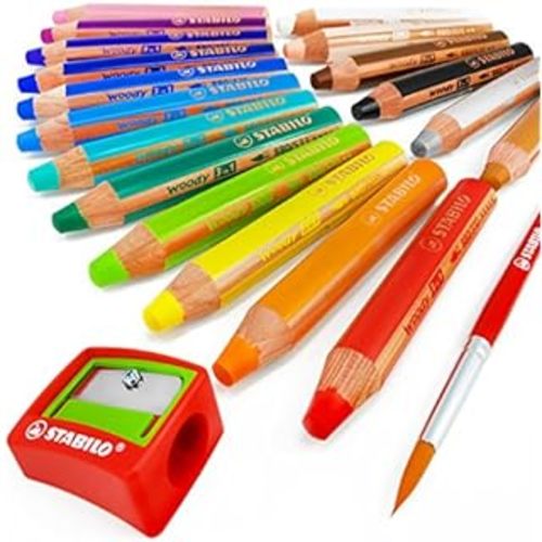 Multi-talented Pencil - STABILO woody 3-in-1 - Wallet of 10 - Assorted Colors + Sharpener - Pencil with Sharpener - Assorted Colours