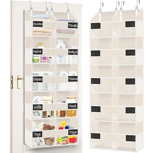 Over the Door Organizer, 5-Tier Extra Large Storage with 10 Pockets and PVC Label Pouches, 80 lbs Capacity Hanging Closet Organizer, Beige