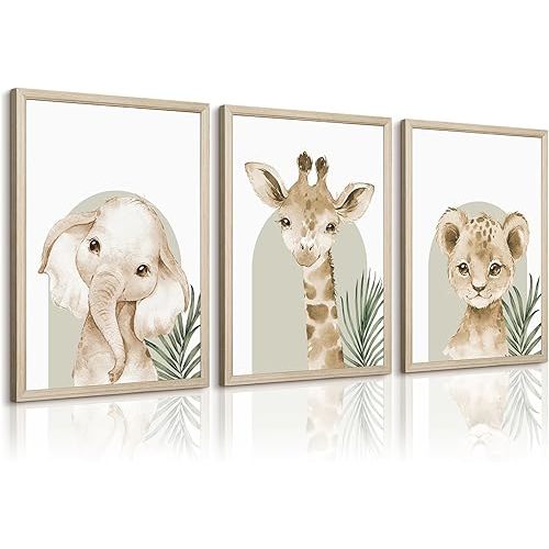 Animal Wall Art Pictures Baby Nursery Canvas Wall Art Decor Safari Animal Prints Jungle kids Wall Art Woodland Nursery Wall Decor Giraffe Jungle Poster for Room 16x24 Inch Wood Framed Set of 3