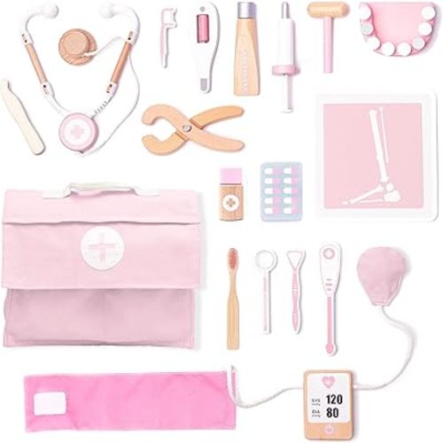 UMU® Wooden Doctor Kit for Kids – 18 pcs Doctor and Dentist Play Set for Toddlers with Stethoscope, Syringe, Tooth Model & More – Medical Pretend Play Toy for Girls Ages 3 4 5 6