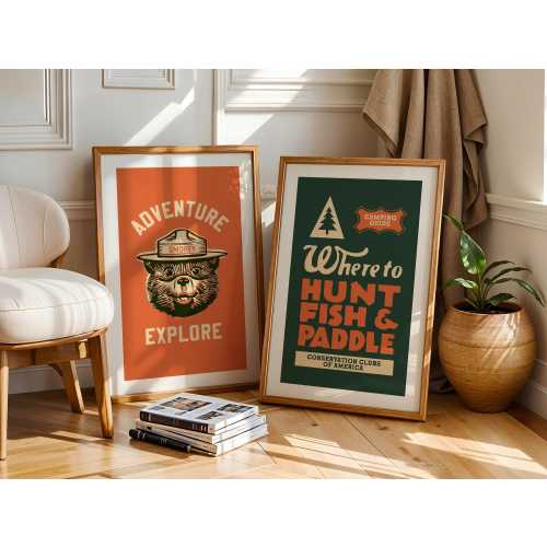 Retro Camping Prints Outdoors Art Poster Set of 2 Camping Wall Prints Kids Room Outdoorsy Decor Hunting + Fishing Gift for Kids
