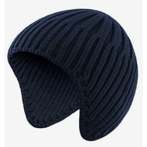 Dark navy hat that covers his ears