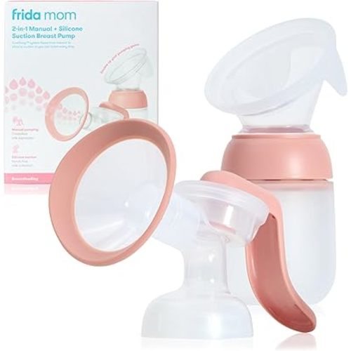 Frida Mom 2-in-1 Manual Breast Pump with Hands-Free Silicone Suction Cup, Milk Collector, Wireless Ergonomic Handle, and SoftFeel Flange for Breastfeeding