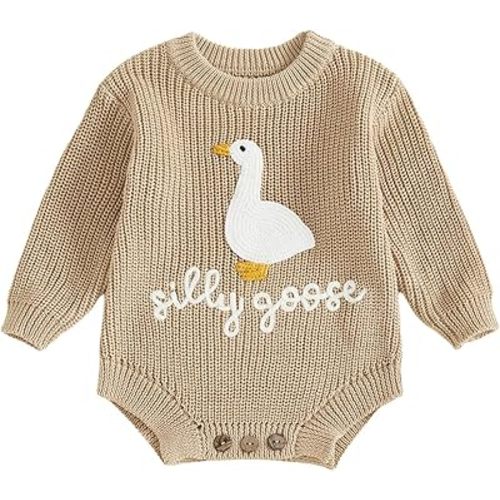 Baby Girl Boy Fall Winter Outfit Long Sleeve Silly Goose Embroidery Knit Sweater Bubble Romper Newborn Clothes
