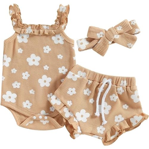 Mubineo Baby Girl 3PCS Summer Boho Rompers Outfits Bodysuit Shorts Clothes Headband Set - Qbd Khaki White - 6-12 Months