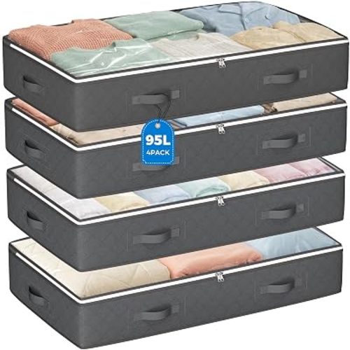 95L Under Bed Storage Containers, 4 Pack Closet Organizers Grey